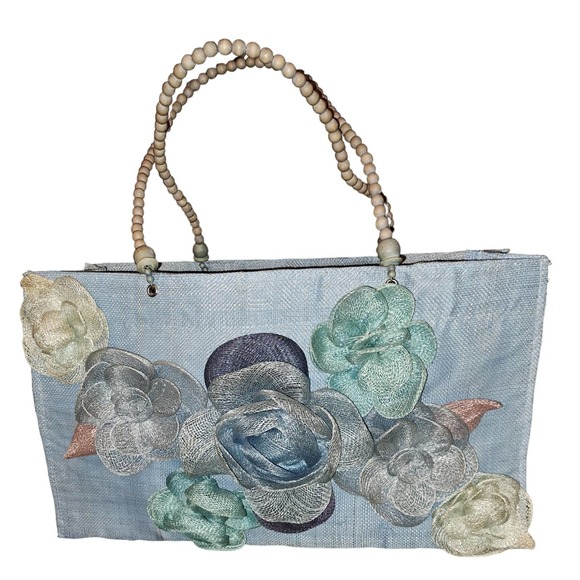 FABULOUS FIND! VERY VINTAGE Dyed Burlap & wooden Bead Handle 1950's - Picture 1 of 7